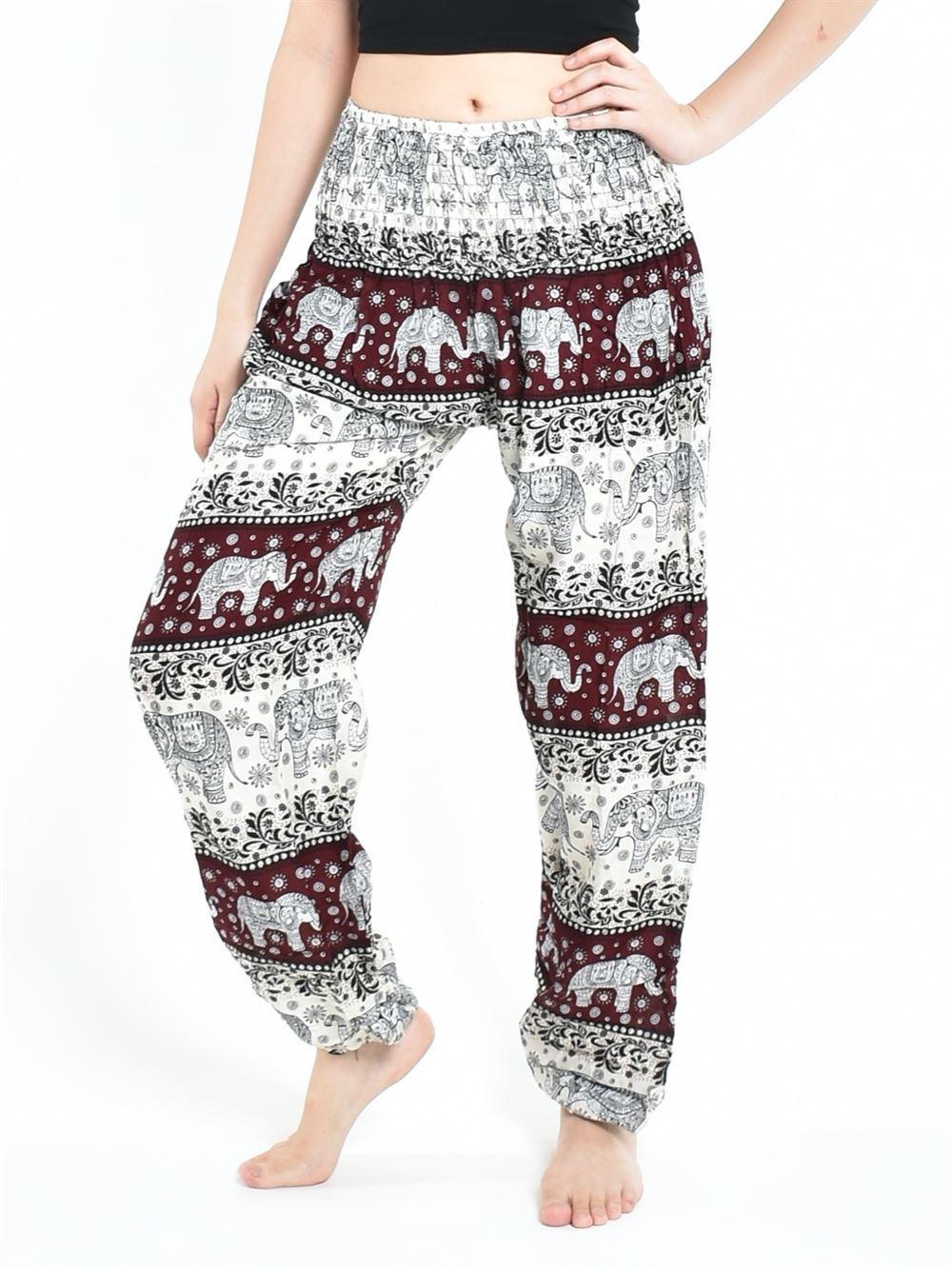 Maroon & Cream Smocked Elephant Print Thai Harem Pants