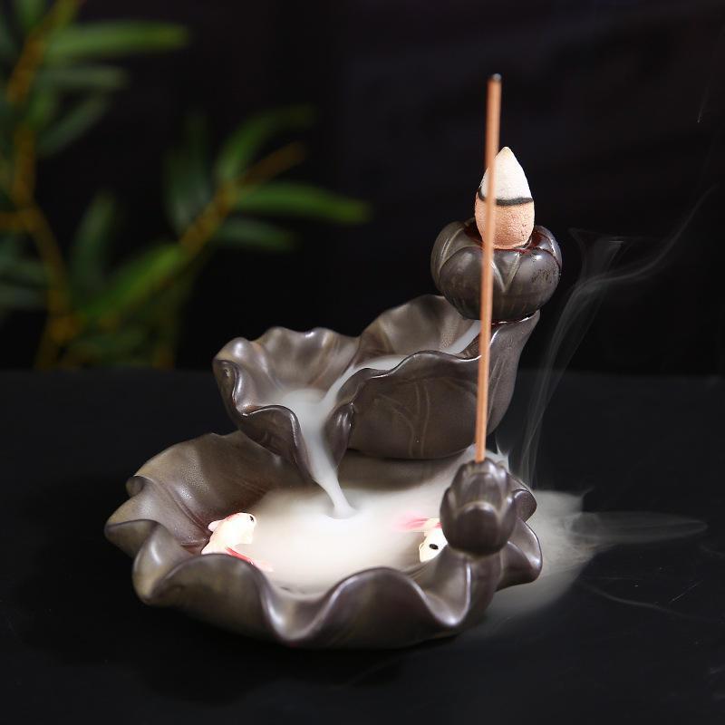 Mini-waterfall with Fish Pond Ceramic Backflow Incense Holder Waterfall Incense Burner, Reflux Burner, Handmade Ceramic, Home Décor for Meditation, Mini-Zen Experience Size: 10.5*8 cm - Image 4