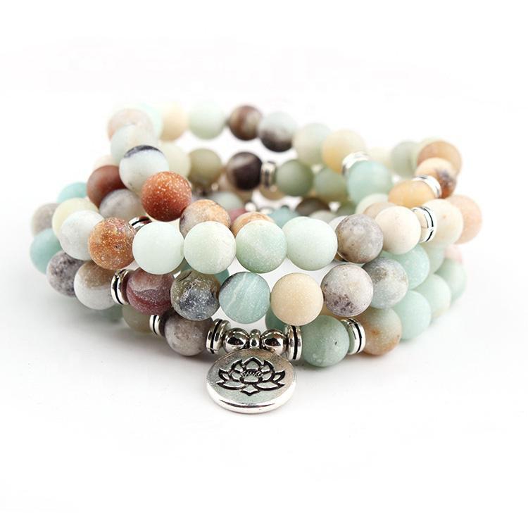 Amazonite 108 Mala 6 & 8mm Beads Natural Stone Bracelet Mala Prayer Beads OM Charm Meditation Necklace