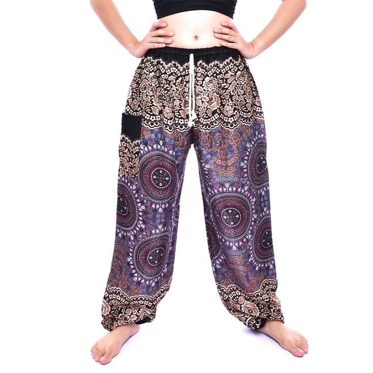 Brown & Grey Floral Mandala Drawstring Thai Harem Pants - Image 3