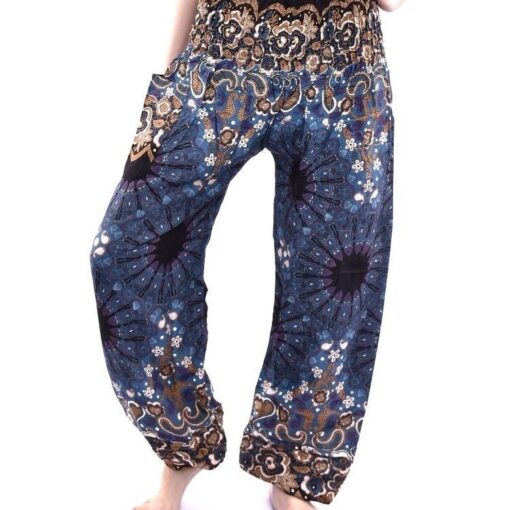 Blue & Gold Floral Mandala Smocked Thai Harem Pants