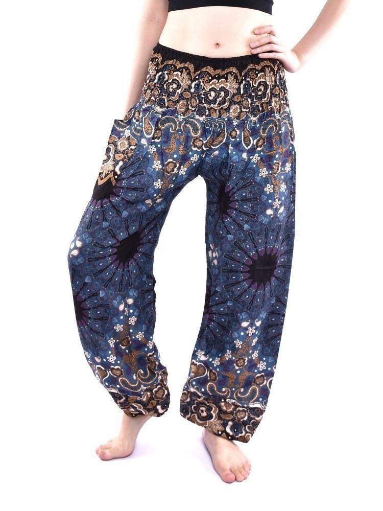 Blue & Gold Floral Mandala Smocked Thai Harem Pants