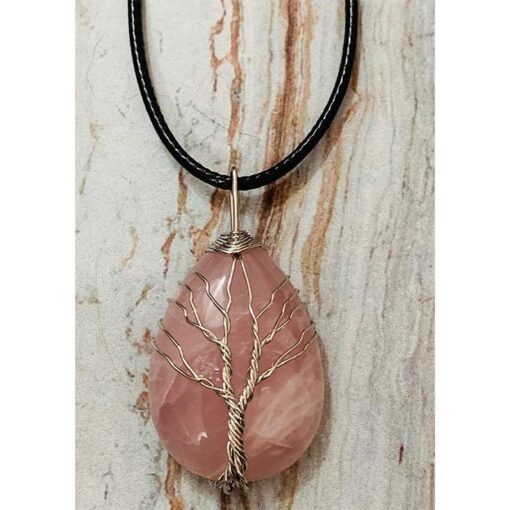 Rose Quartz Teardrop Crystal Tree of Life Wire Wrapped Pendant Necklace Chain Length 17.5 inch