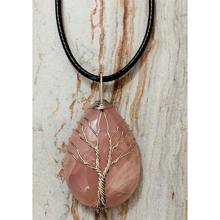 Rose Quartz Teardrop Crystal Tree of Life Wire Wrapped Pendant Necklace Chain Length 17.5 inch