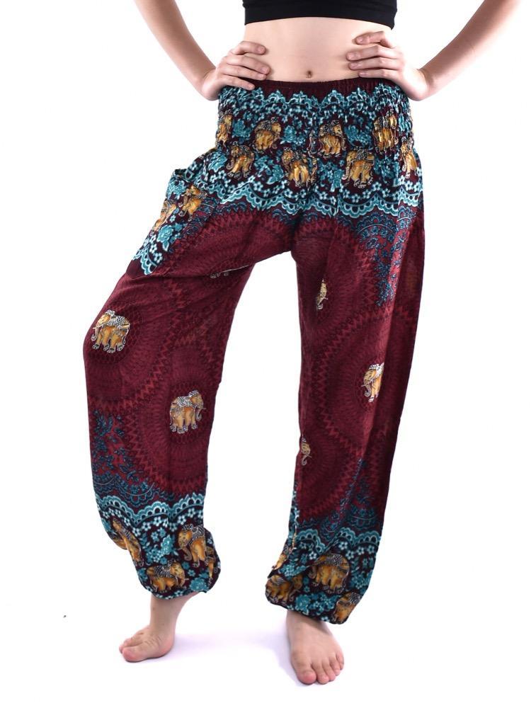 Maroon & Teal Smocked Elephant Mandala Harem Pants - Image 4