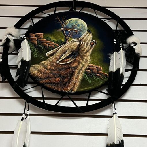 Wolf Howling To The Moon 24" Dia Colorful Handpainted Velvet shield Dream Catcher