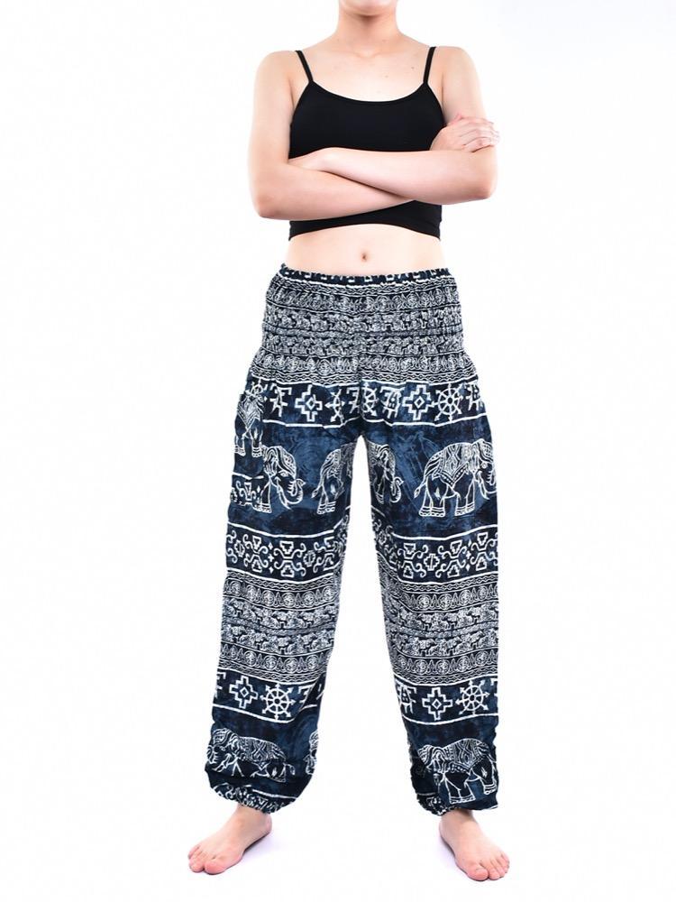 Dark Grey Elephant Print Smocked Thai Harem Pants