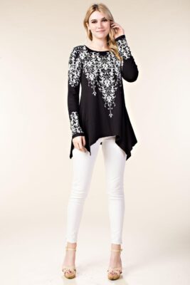 15503L-Top , Long Sleeves Bling Top With Print and Stones By Vocal