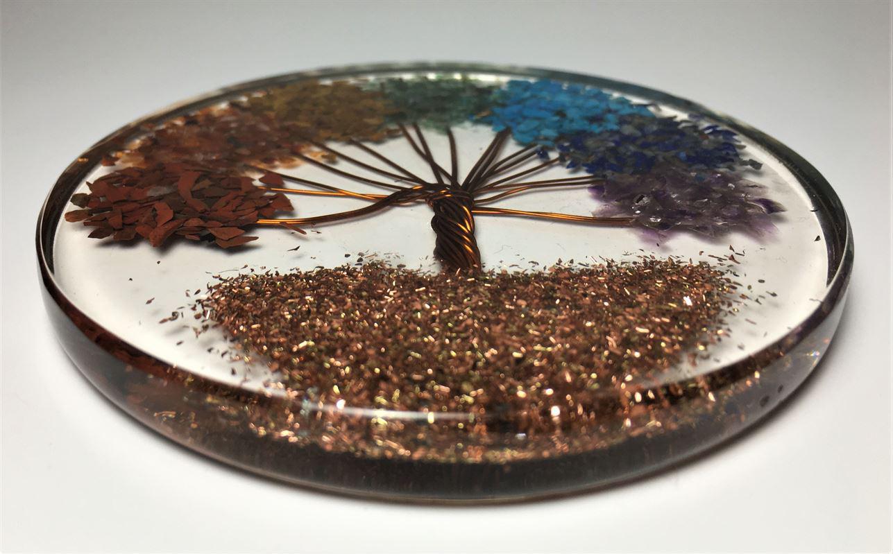 Orgone Coaster / Disc / Plate with 7-Chakra Natural Stone Tree of Life 3.5" inch diameter - Image 2