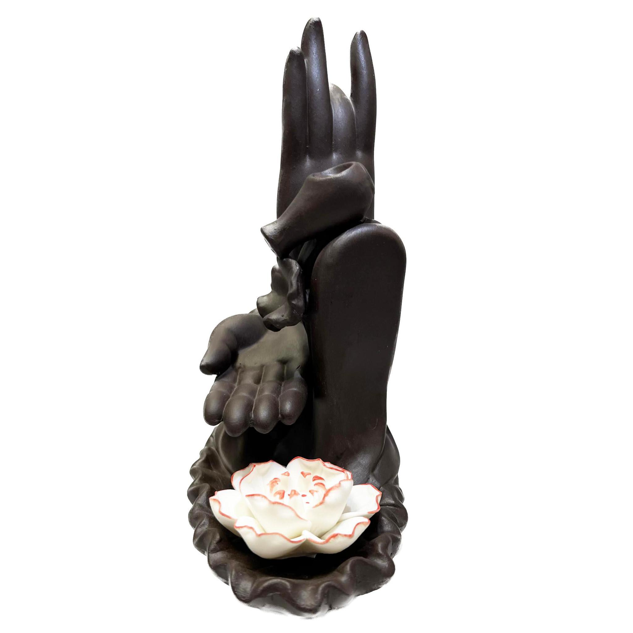 2 Hands w/Lotus Backflow Incense Holder Waterfall Incense Burner, Reflux Burner, Handmade Ceramic, Home Decor for Meditation, Mini-Zen Experience 15.5*8.5*18 cm - Image 4