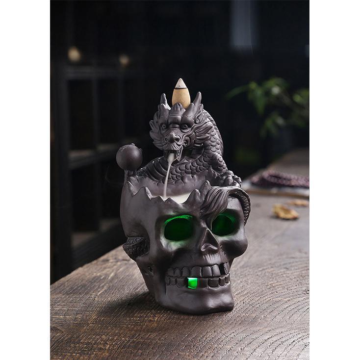 Skull & Dragon w/Light Ceramic Backflow Incense Holder Waterfall Incense Burner, Reflux Burner, Handmade Ceramic, Home Décor for Meditation, Mini-Zen Experience Size: 10.6*12*16 cm - Image 7