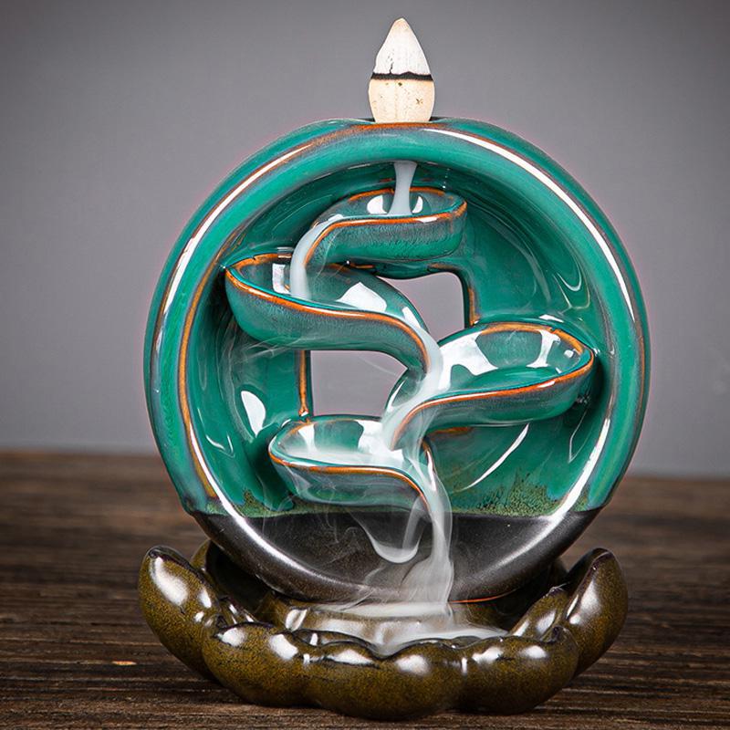 Circle with Waterfall Ceramic Backflow Incense Holder Waterfall Incense Burner, Reflux Burner, Handmade Ceramic, Home Décor for Meditation, Mini-Zen Experience Size: 11.5*9.5*16 cm