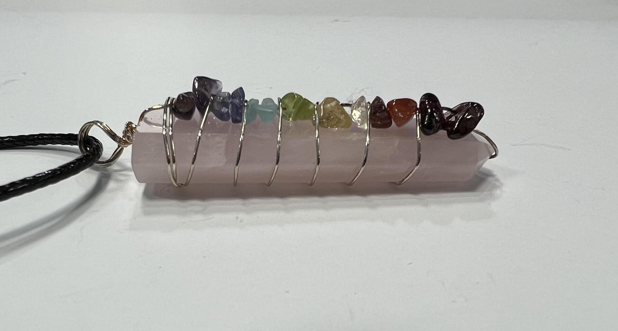 Rose Quartz Wire Wrapped 7- Chakra Pendant necklace, 7 Chakra necklace, tree of life necklace 100% Handmade - Image 2