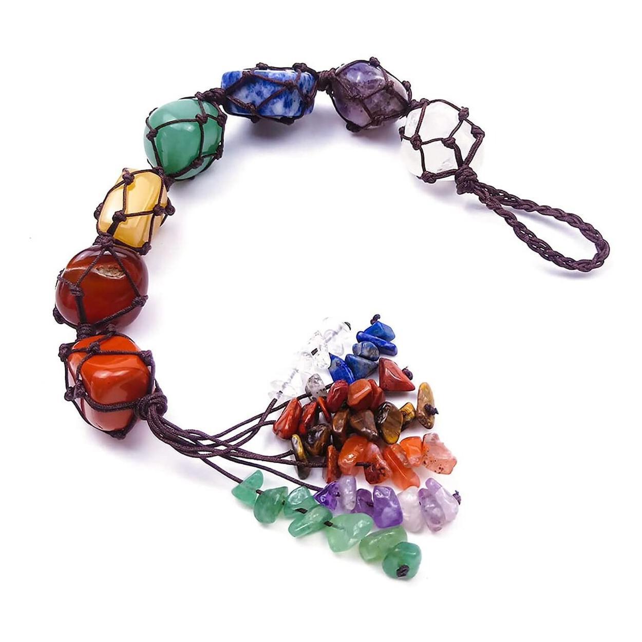 7 Chakra Tumbled Stone Hanging with Tassel- Car Hanging Reiki Crystals Hanging Decor