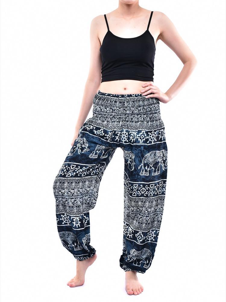 Dark Grey Elephant Print Smocked Thai Harem Pants - Image 2