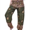 Olive Green Elephant & Flower Print Smocked Thai Harem Pants VTrendz