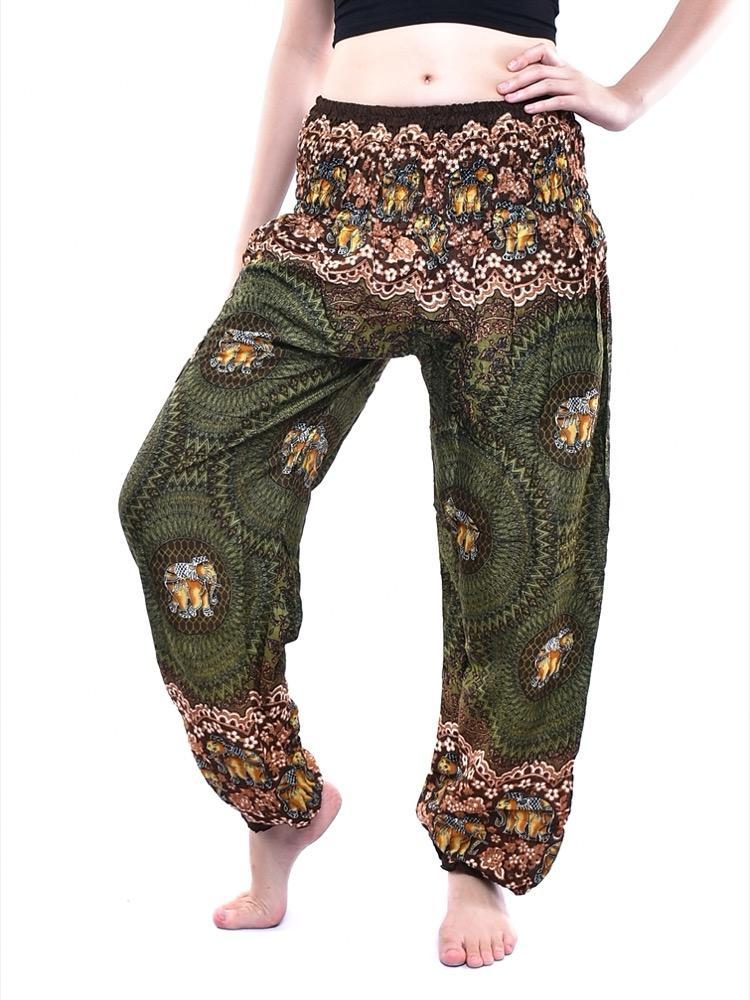 Olive Green Elephant & Flower Print Smocked Thai Harem Pants - Image 2