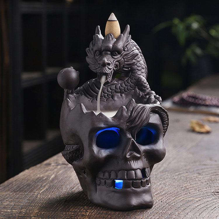 Skull & Dragon w/Light Ceramic Backflow Incense Holder Waterfall Incense Burner, Reflux Burner, Handmade Ceramic, Home Décor for Meditation, Mini-Zen Experience Size: 10.6*12*16 cm - Image 4