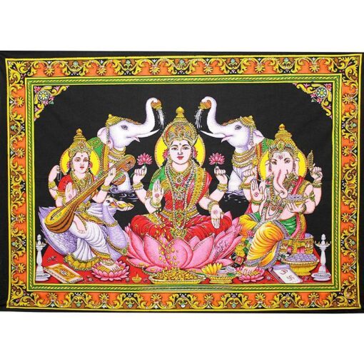 Goddess Laxmi, Saraswathi and Lord Ganesh Poster Wall Hanging Handmade Cotton Tapestry 40"x30" inch