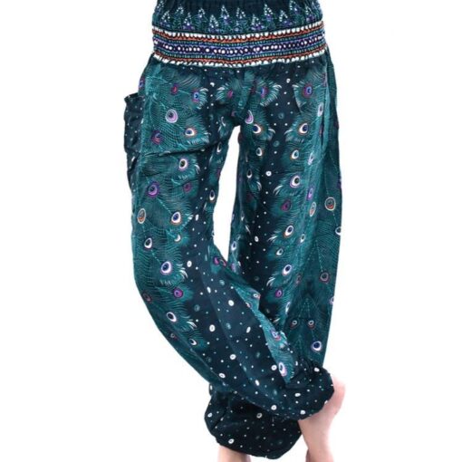 Teal Peacock Feather Print Smocked Thai Harem Pants