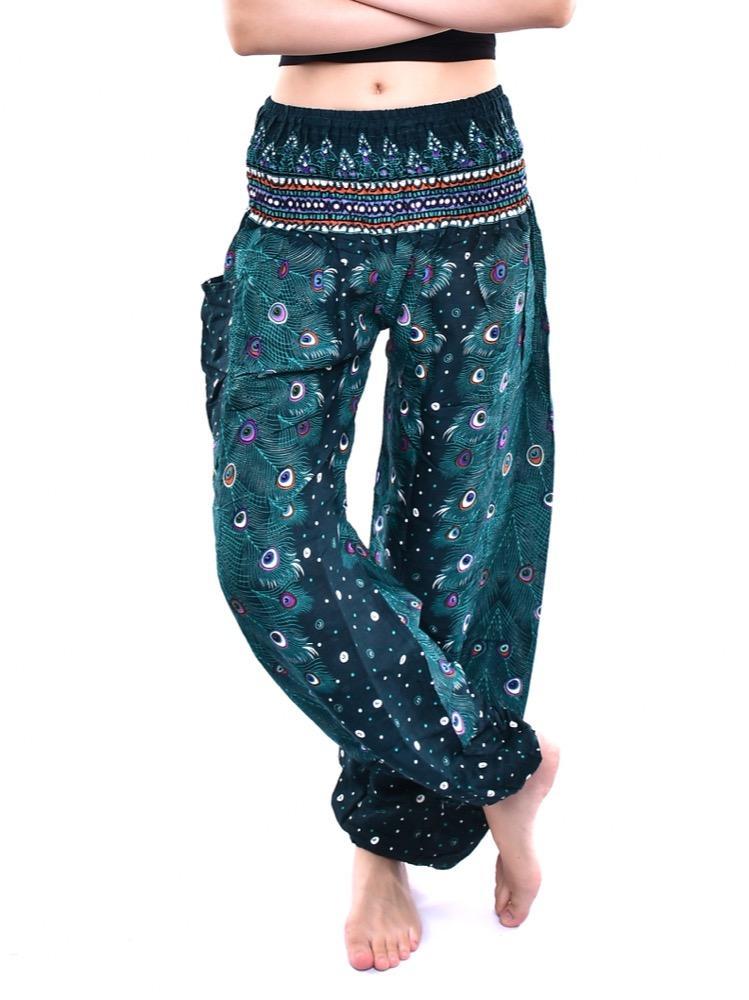 Teal Peacock Feather Print Smocked Thai Harem Pants