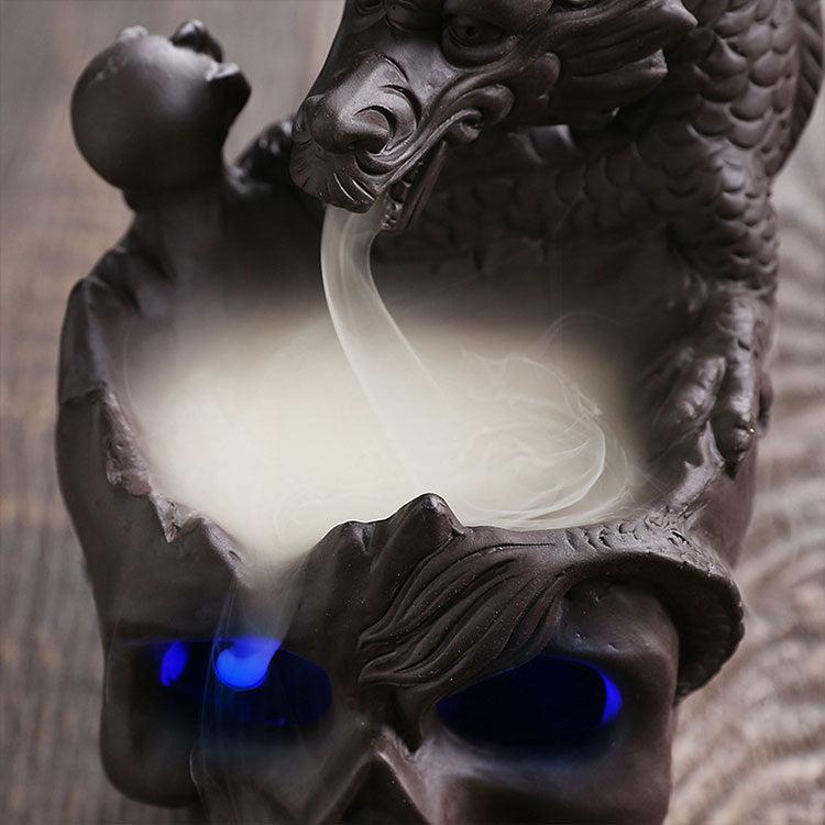 Skull & Dragon w/Light Ceramic Backflow Incense Holder Waterfall Incense Burner, Reflux Burner, Handmade Ceramic, Home Décor for Meditation, Mini-Zen Experience Size: 10.6*12*16 cm - Image 9