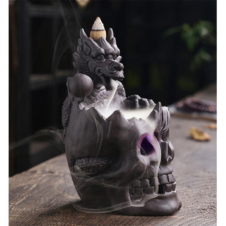 Skull & Dragon w/Light Ceramic Backflow Incense Holder Waterfall Incense Burner, Reflux Burner, Handmade Ceramic, Home Décor for Meditation, Mini-Zen Experience Size: 10.6*12*16 cm - Image 6