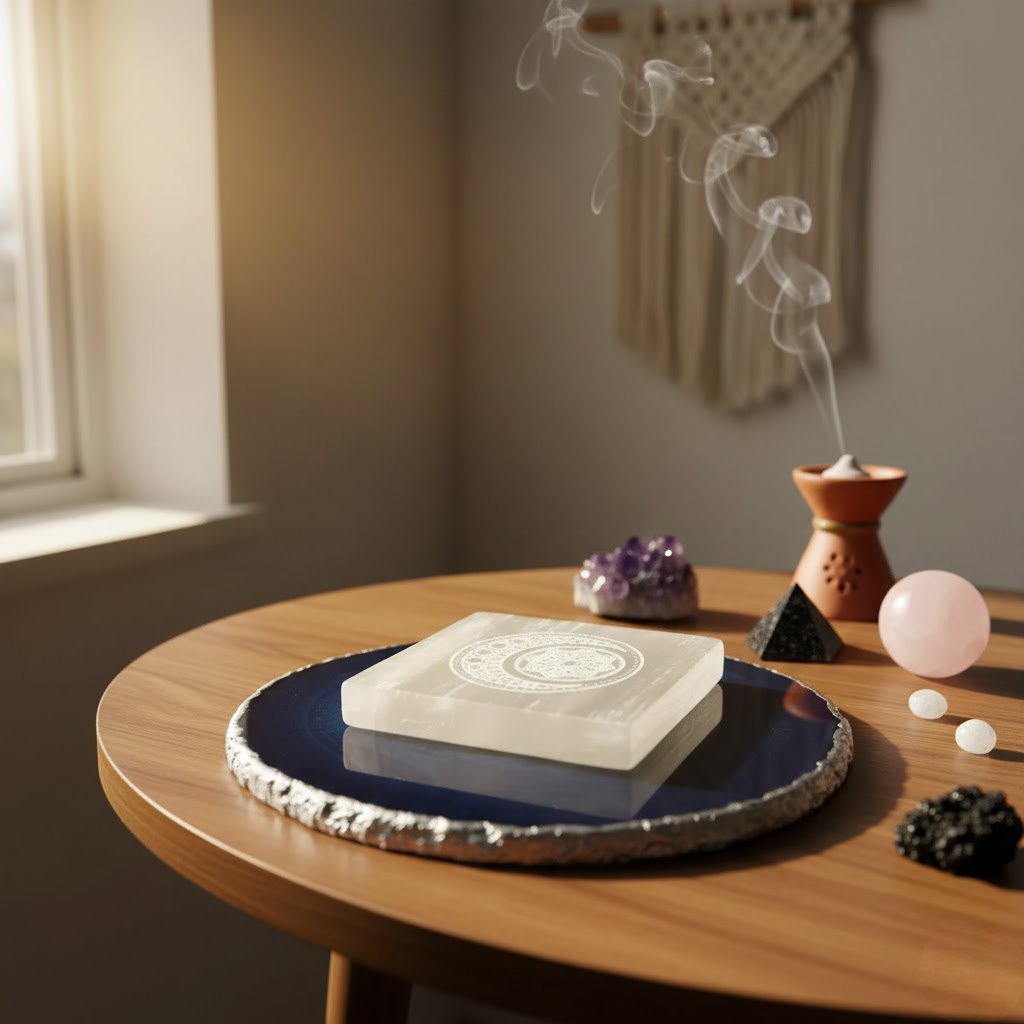 Selenite Square Moon Mandala Plate: Lunar Harmony & Sacred Charging (3x3 Inch) - Image 2