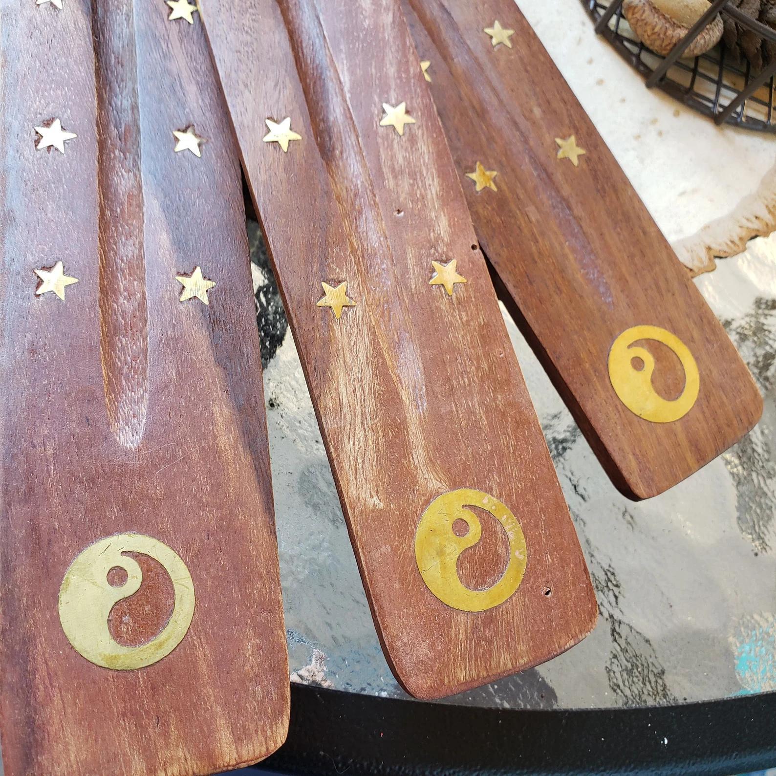 Yin-Yang & Stars Brass Inlay Wood Ash Catcher | Path of Balance (10"L) - Image 2
