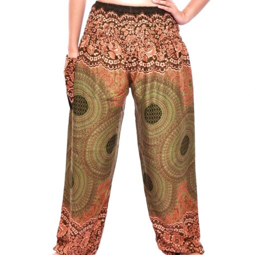 Olive Green & Rust Geometric Mandala Smocked Thai Harem Pants