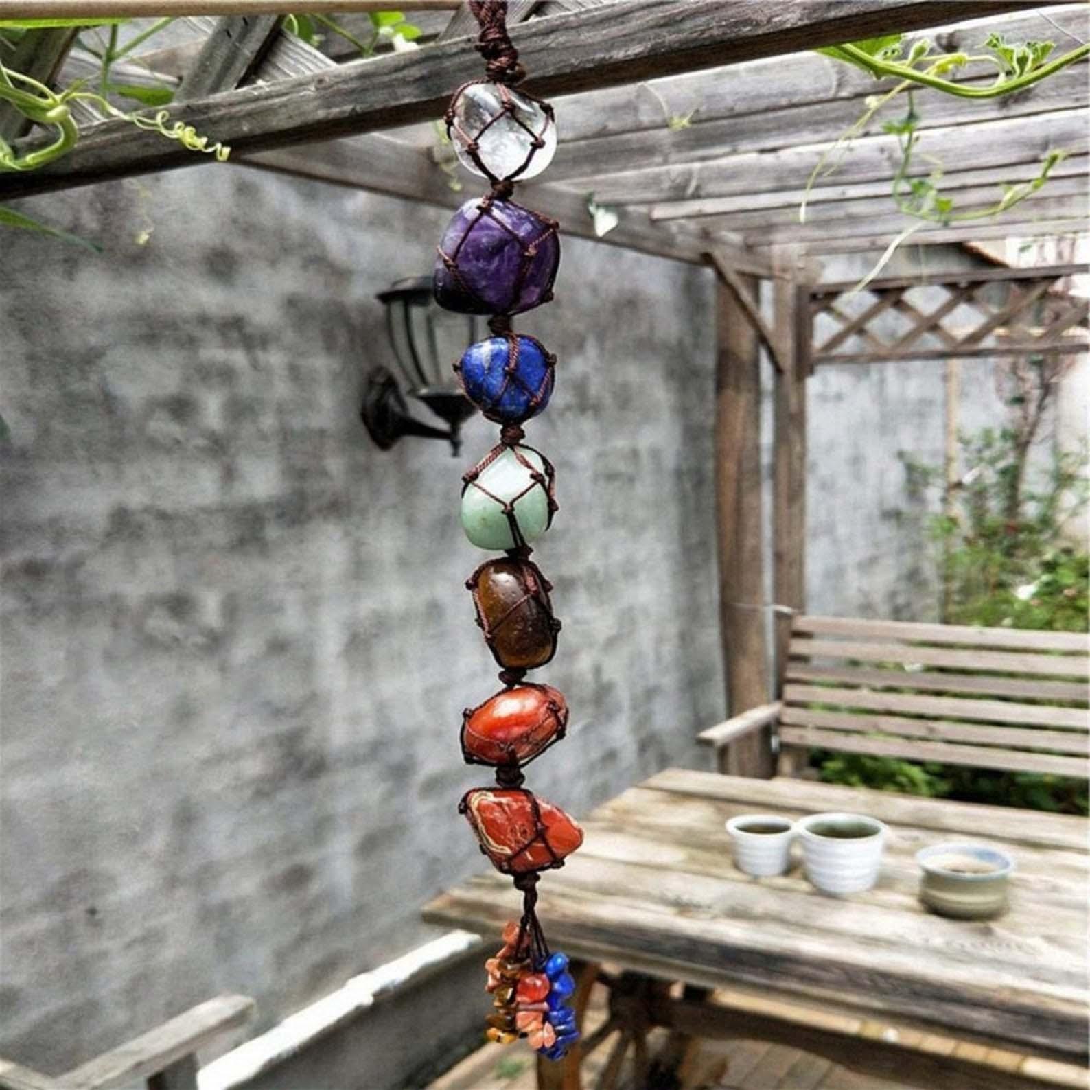 7 Chakra Tumbled Stone Hanging with Tassel- Car Hanging Reiki Crystals Hanging Decor - Image 3