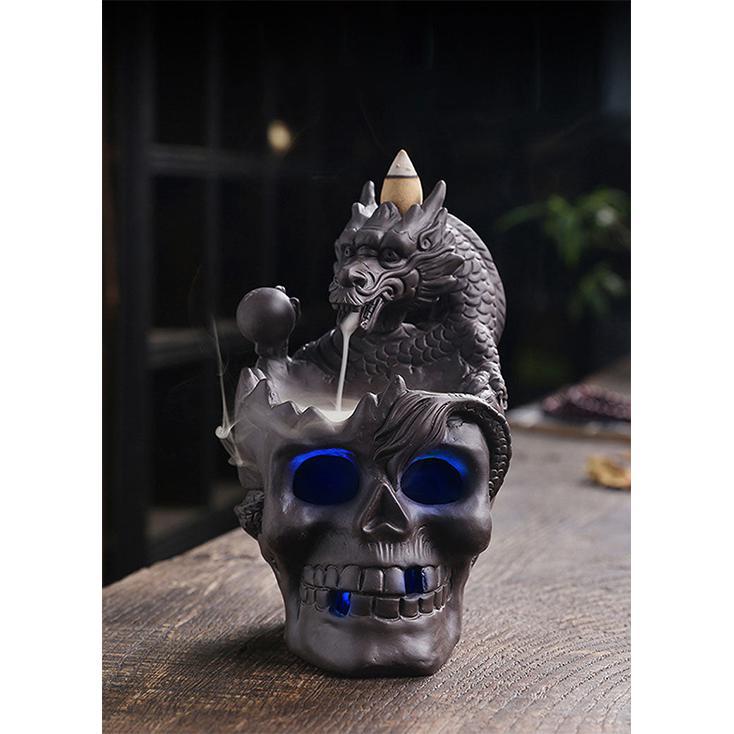Skull & Dragon w/Light Ceramic Backflow Incense Holder Waterfall Incense Burner, Reflux Burner, Handmade Ceramic, Home Décor for Meditation, Mini-Zen Experience Size: 10.6*12*16 cm