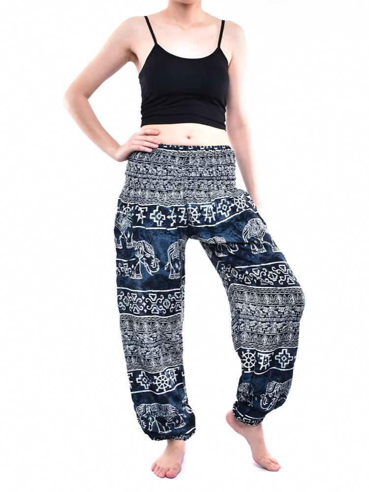 Dark Grey Elephant Print Smocked Thai Harem Pants - Image 3