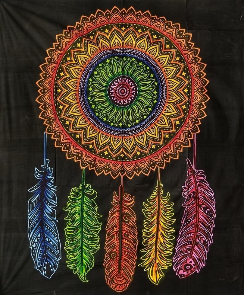 Dream Catcher 5-Feathers Full Circle Wall Hanging Handmade Cotton Tapestry 84"x54" inch - Image 5