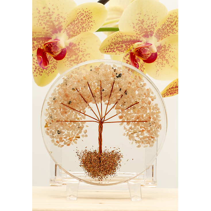 Orgone Coaster / Disc / Plate with Sunstone Natural Stone Tree of Life 3.5" inch diameter