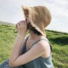 Straw w/Natural Fiber Brim Summer Hat, Trendy Summer Fashion Beach Sunshade Handmade Crochet Fisherman Hat Small Brim Foldable Floppy Bucket Straw Hats For Women:  Adult One Size Fits Most (22-23 inches), adjustable size
