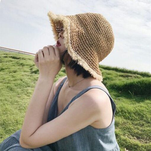 Straw w/Natural Fiber Brim Summer Hat, Trendy Summer Fashion Beach Sunshade Handmade Crochet Fisherman Hat Small Brim Foldable Floppy Bucket Straw Hats For Women:  Adult One Size Fits Most (22-23 inches), adjustable size