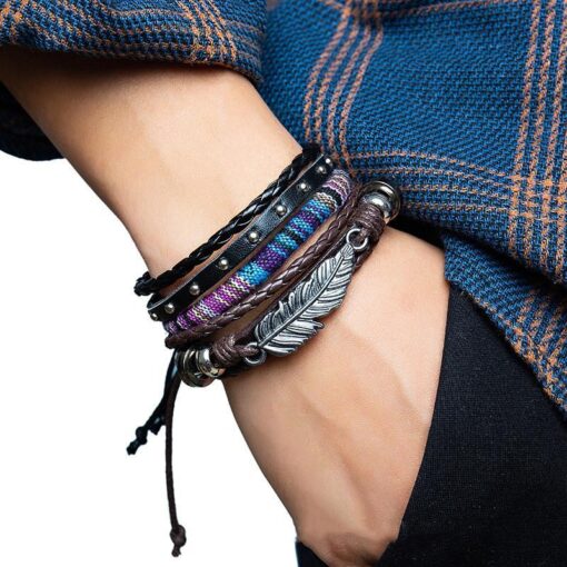 Feather w/Colored Macrame Leather Bracelet Sets Unisex / Men Jewelry Vintage Classic Retro Bracelets