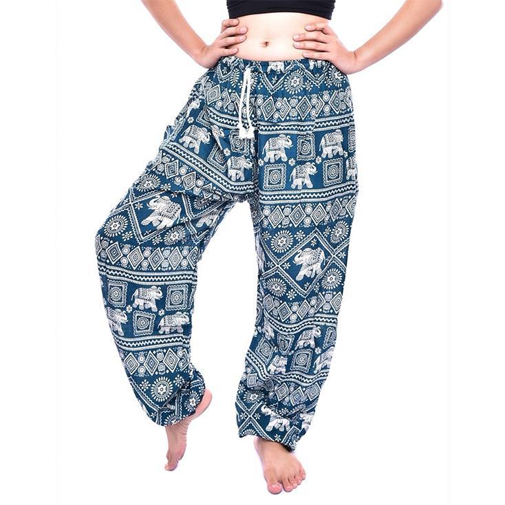 Teal Blue Elephant Print Drawstring Thai Harem Pants - Image 4