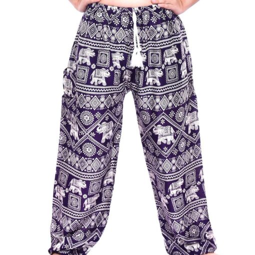 Purple Elephant Print Drawstring Thai Harem Pants