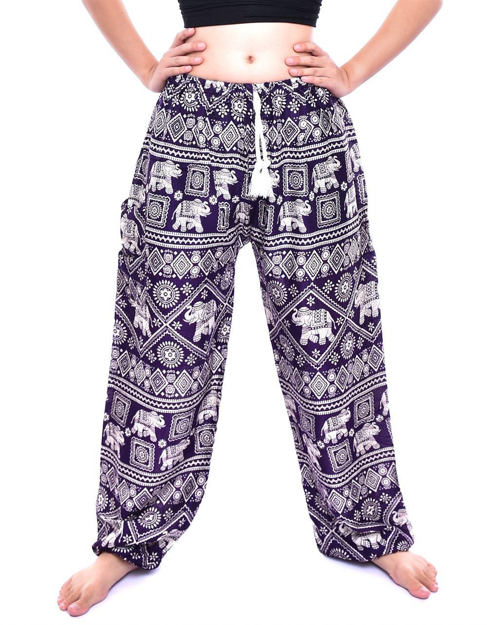 Purple Elephant Print Drawstring Thai Harem Pants