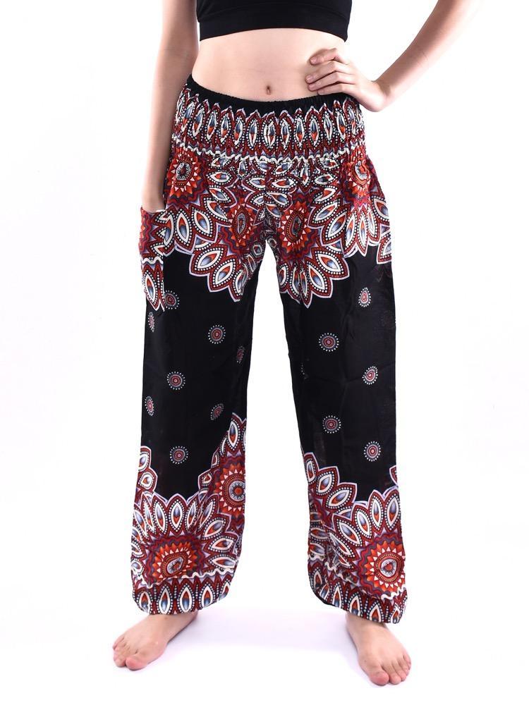 Black & Crimson Flower Print Smocked Harem Pants - Image 5