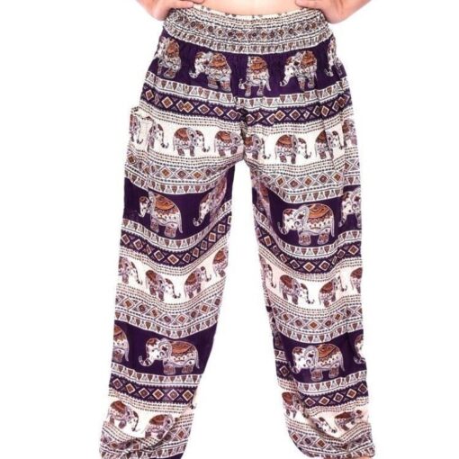 Purple & Cream Smocked Border Elephant Thai Harem Pants