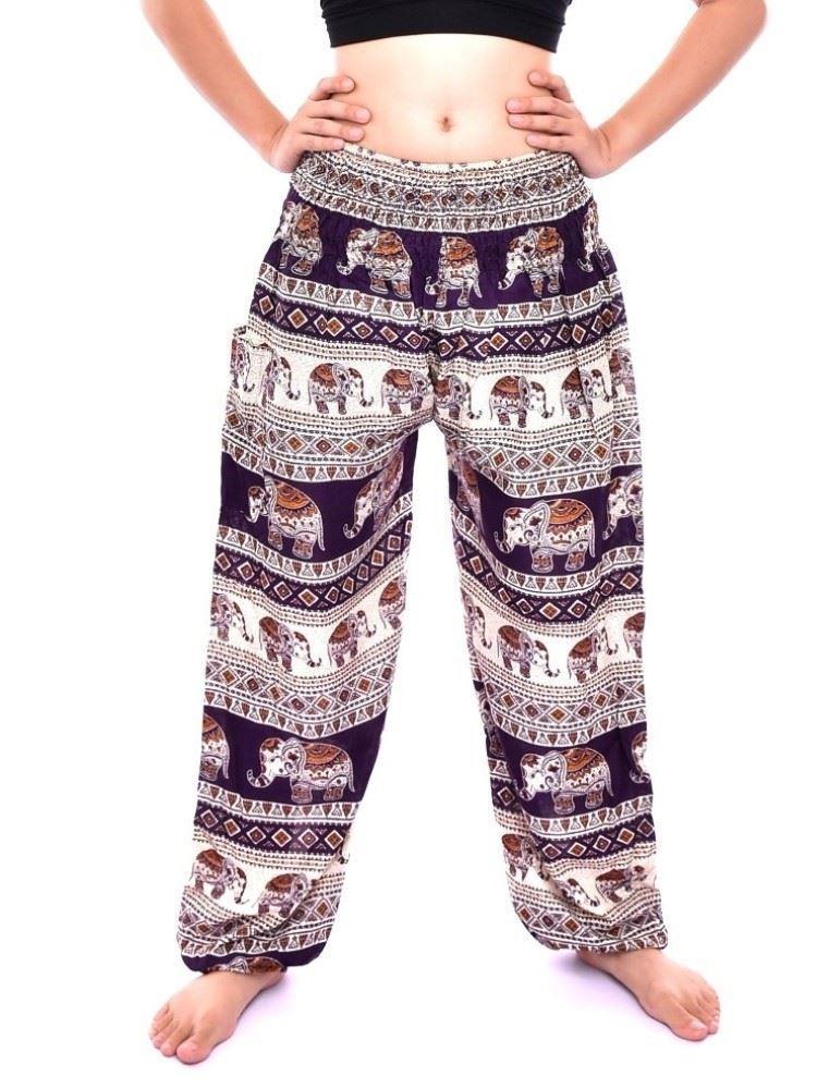 Purple & Cream Smocked Border Elephant Thai Harem Pants