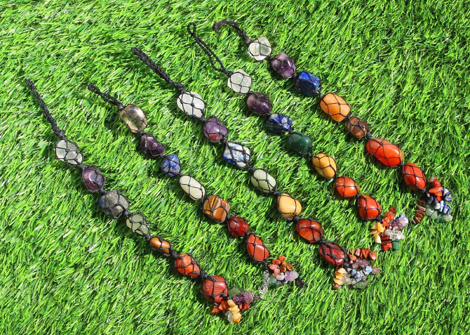 7 Chakra Tumbled Stone Hanging with Tassel- Car Hanging Reiki Crystals Hanging Decor - Image 4