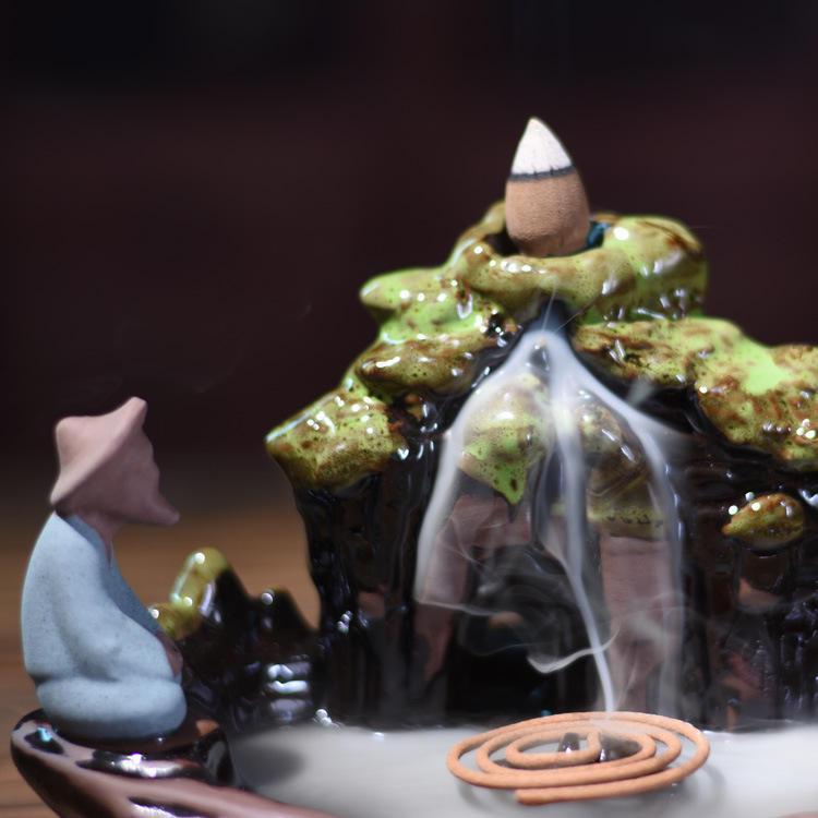 Fishing Lake w/Man Ceramic Backflow Incense Holder Waterfall Incense Burner, Reflux Burner, Handmade Ceramic, Home Décor for Meditation, Mini-Zen Experience Size: 19*11.5*12 cm - Image 2