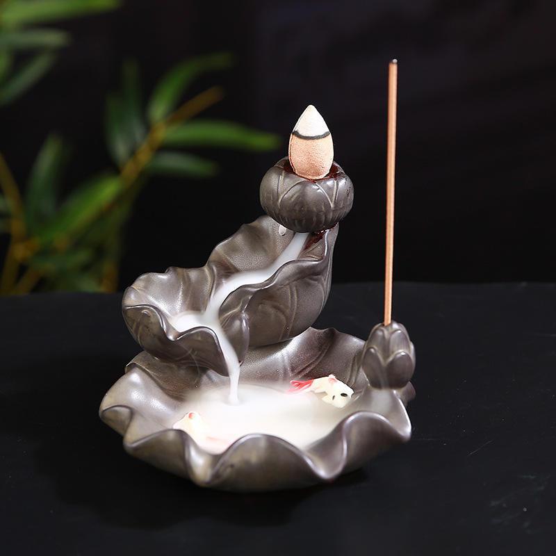 Mini-waterfall with Fish Pond Ceramic Backflow Incense Holder Waterfall Incense Burner, Reflux Burner, Handmade Ceramic, Home Décor for Meditation, Mini-Zen Experience Size: 10.5*8 cm - Image 3