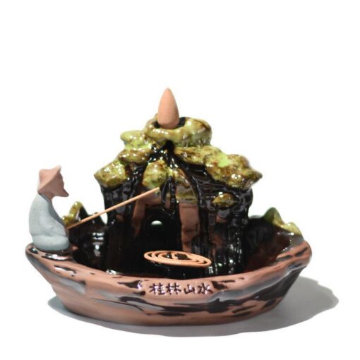 Fishing Lake w/Man Ceramic Backflow Incense Holder Waterfall Incense Burner, Reflux Burner, Handmade Ceramic, Home Décor for Meditation, Mini-Zen Experience Size: 19*11.5*12 cm