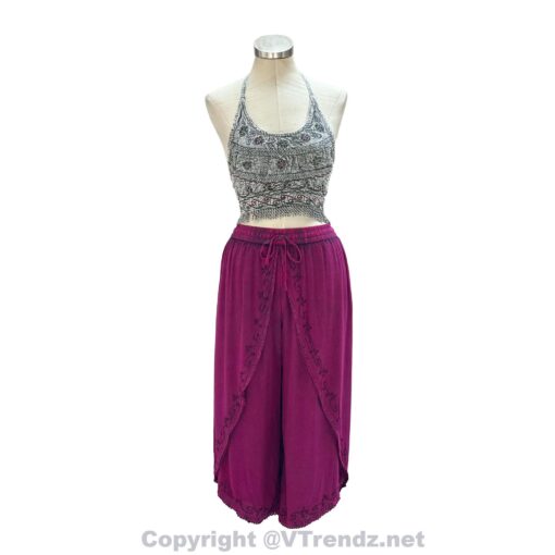 Bikini Top/ Rayon Halter Neck Embroidery and Fringe Crop Top with Tie in the Back, 1 Size Fits Most