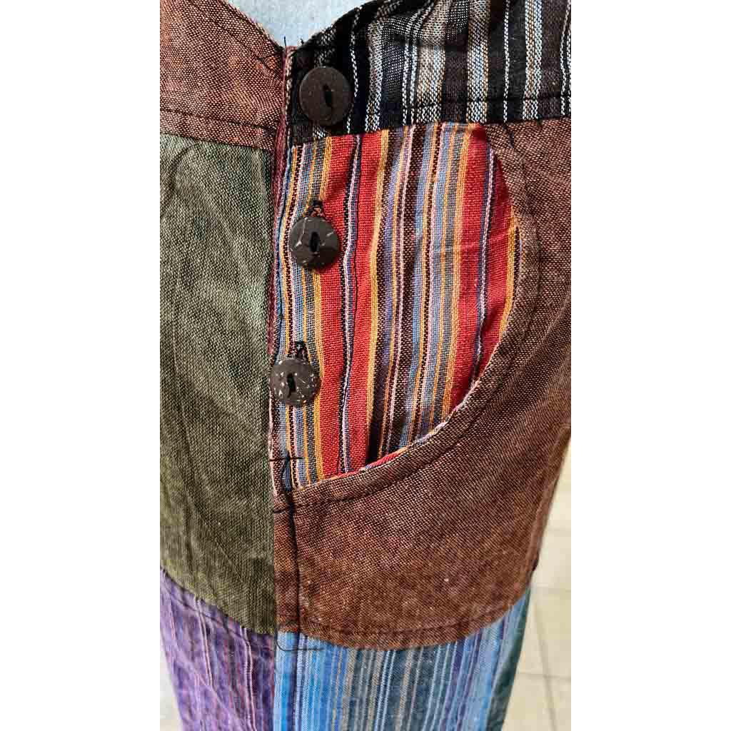 Plain & Striped Patchwork Cotton Overalls With Open Bottom Earth Tones S-XXL - Image 7